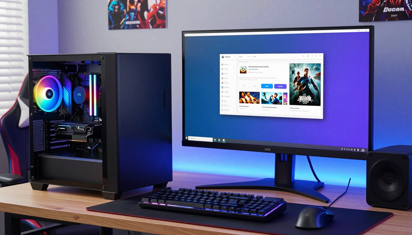 Discord browser and game launcher open beside a gaming PC